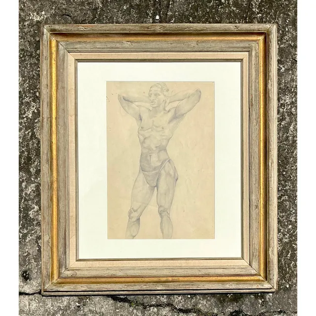 Vintage Boho Original Pencil Drawing of Male Figure — additional photo 5