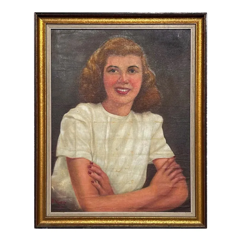 Vintage Boho Original Portrait of Lady Oil on Board — additional photo 1