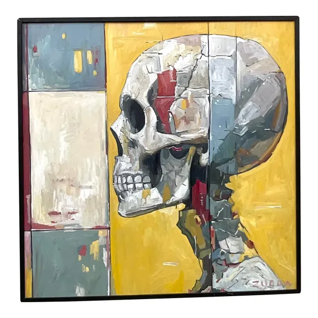 Vintage Boho Original Skull Oil Painting on Board - Oil Paint, 46.25W x 46.25H — additional photo 1