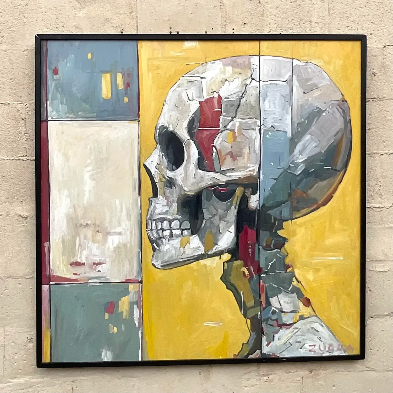 Vintage Boho Original Skull Oil Painting on Board - Oil Paint, 46.25W x 46.25H — additional photo 3