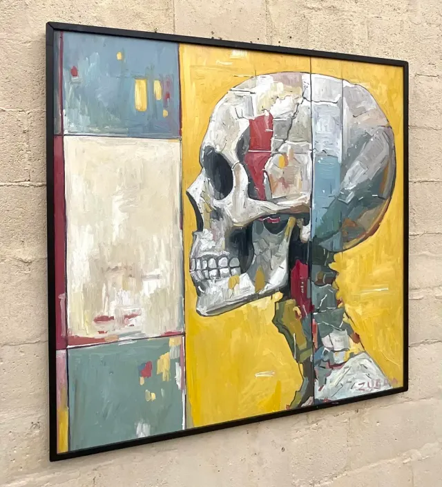 Vintage Boho Original Skull Oil Painting on Board - Oil Paint, 46.25W x 46.25H — additional photo 4