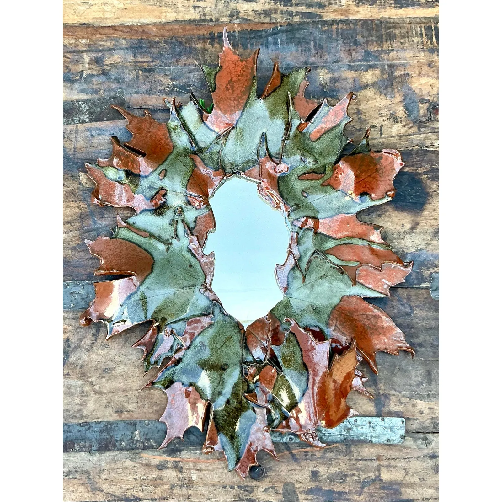 Vintage Boho Original Slab Built Studio Pottery Leaves Mirror — additional photo 2
