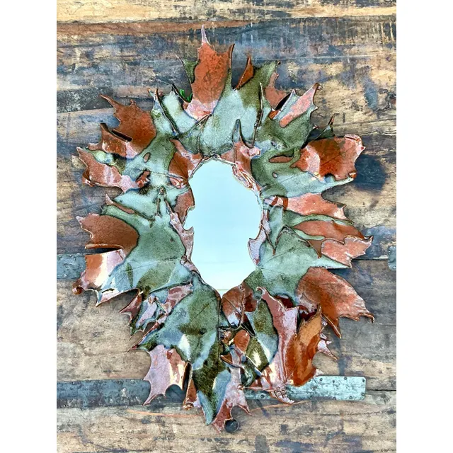 Vintage Boho Original Slab Built Studio Pottery Leaves Mirror — additional photo 2