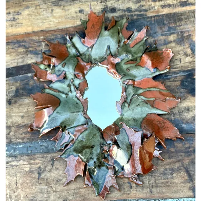 Vintage Boho Original Slab Built Studio Pottery Leaves Mirror — additional photo 5