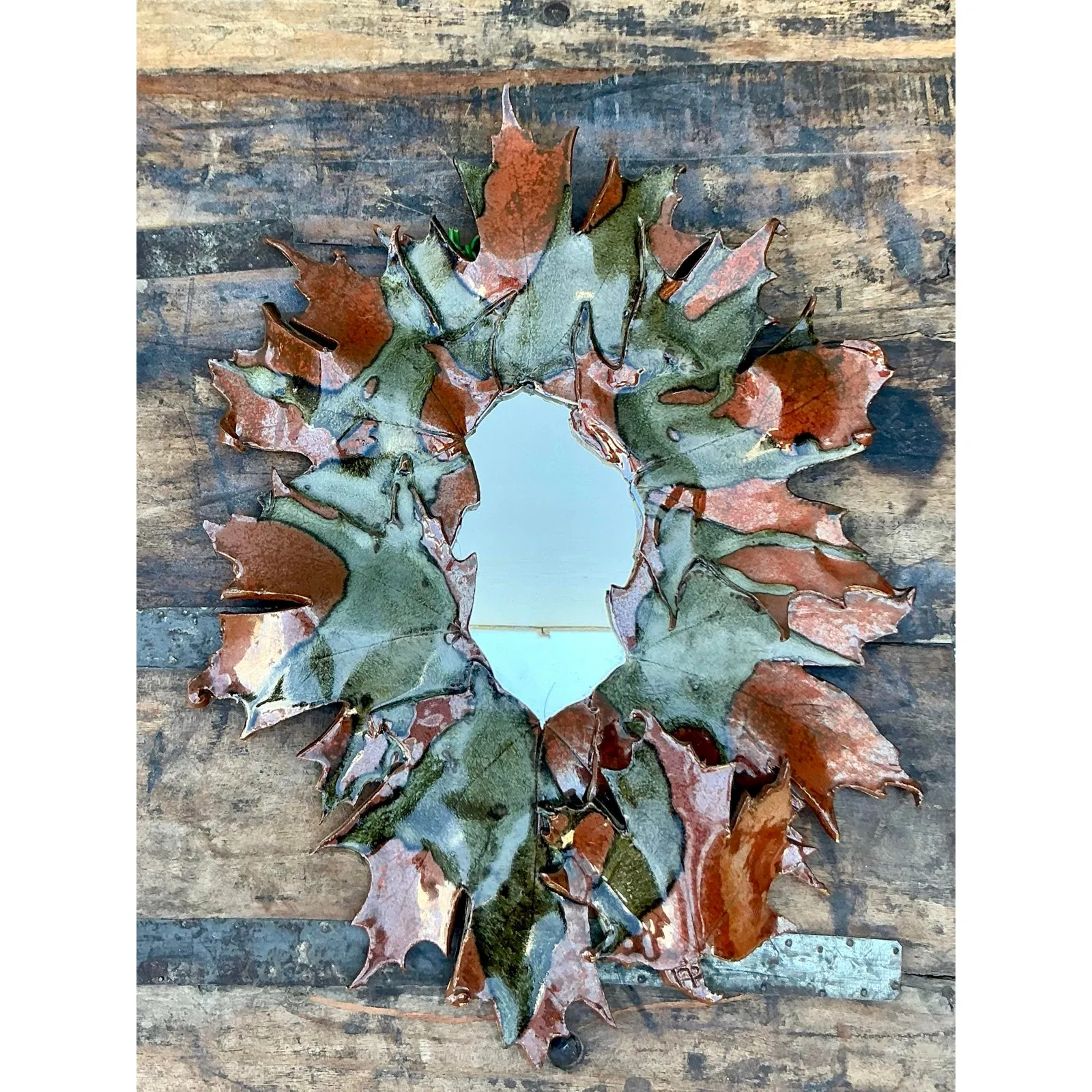 Vintage Boho Original Slab Built Studio Pottery Leaves Mirror — additional photo 7