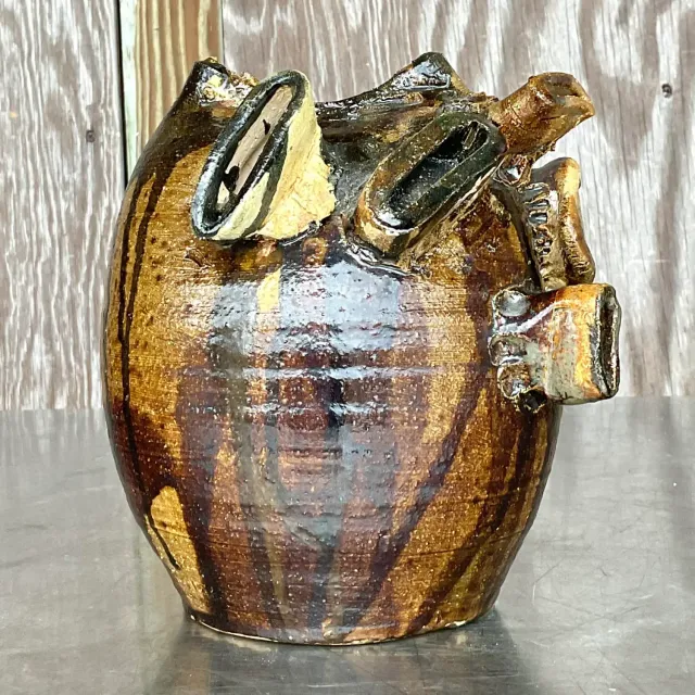 Vintage Boho Original Studio Pottery Drip Glaze Vase — additional photo 1