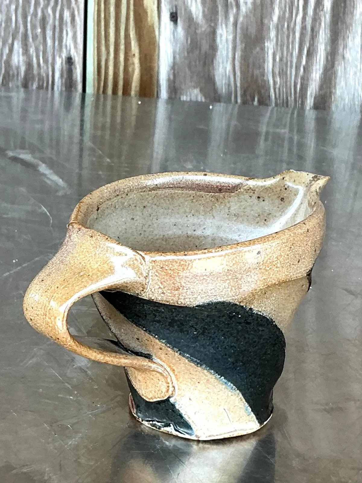 Vintage Boho Original Studio Pottery Pitcher - Ceramic, 6.5W x 4H - Detail view