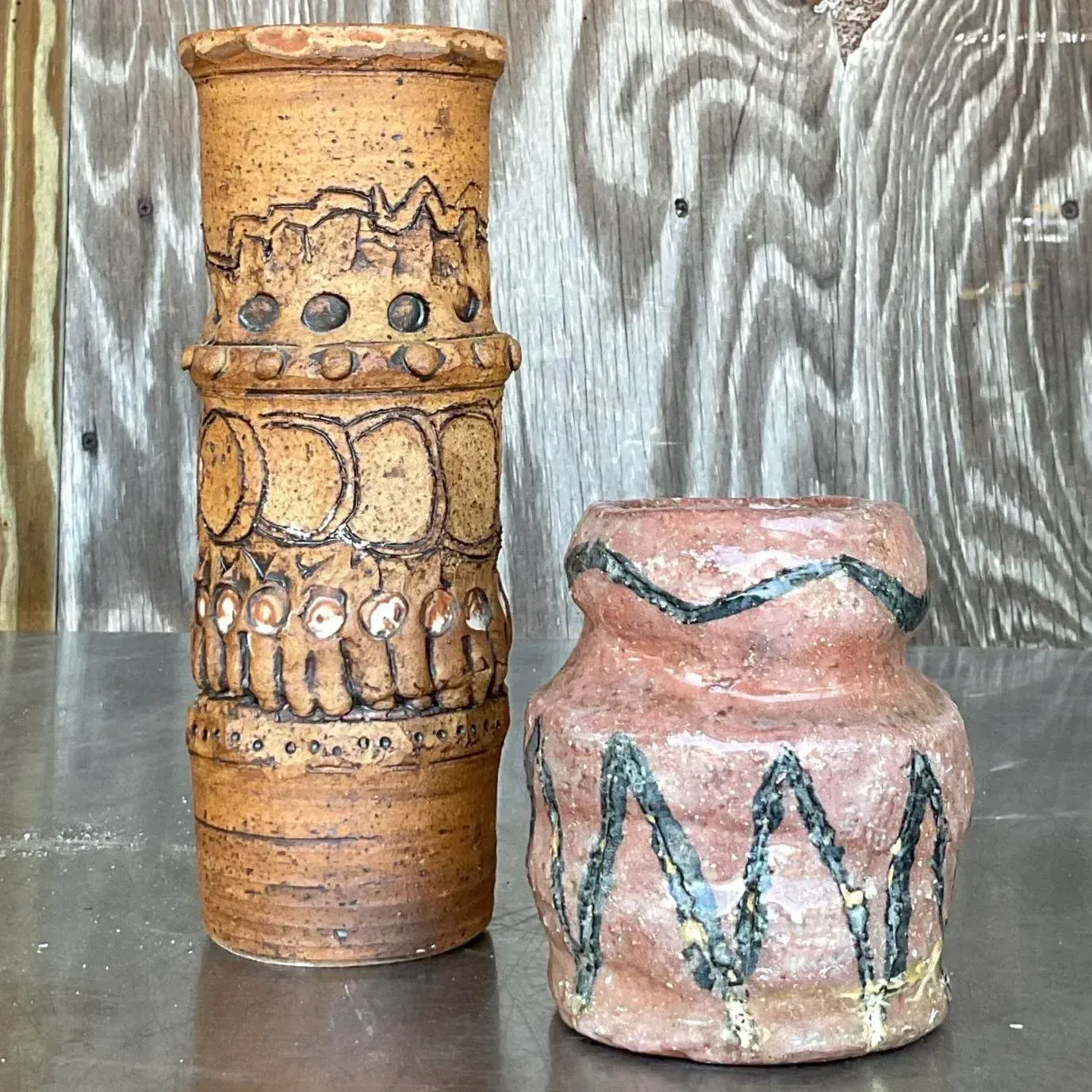 Vintage Boho Original Studio Pottery Vases - Set of 2 - Pottery, 4W x 9.75H — additional photo 1