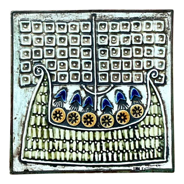 Vintage Boho Original Studio Pottery Viking Ship Tile — additional photo 1