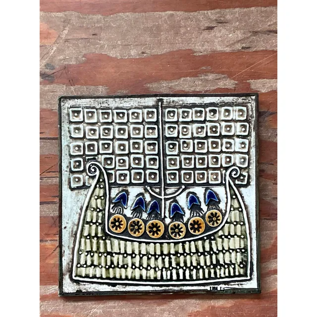 Vintage Boho Original Studio Pottery Viking Ship Tile — additional photo 2