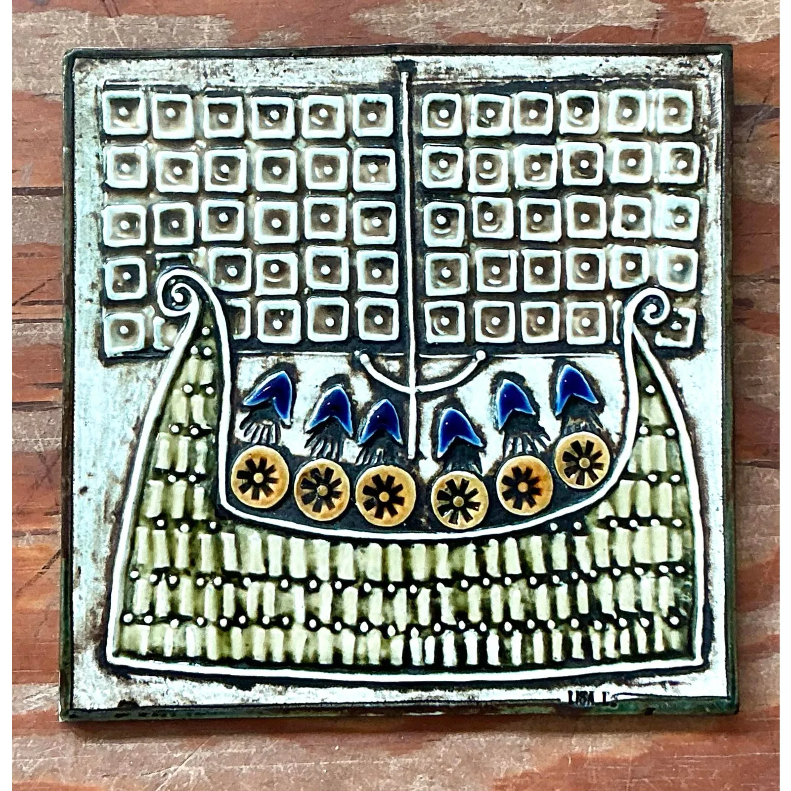 Vintage Boho Original Studio Pottery Viking Ship Tile — additional photo 3