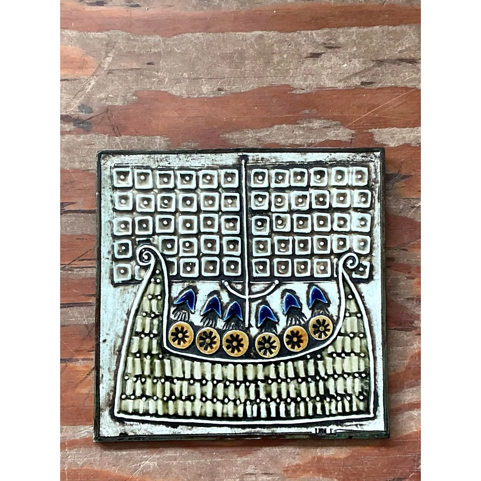 Vintage Boho Original Studio Pottery Viking Ship Tile — additional photo 4