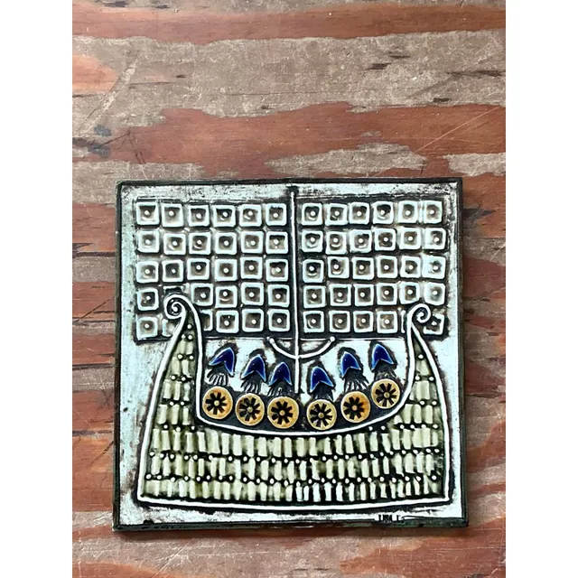 Vintage Boho Original Studio Pottery Viking Ship Tile — additional photo 4