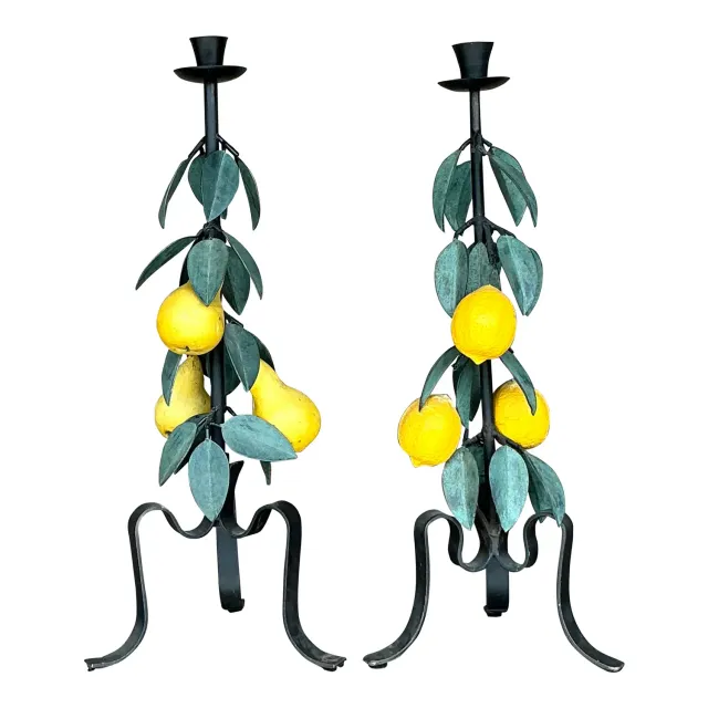 Vintage Boho Painted Metal Lemons and Pears Candlesticks - Set of 2 — additional photo 1