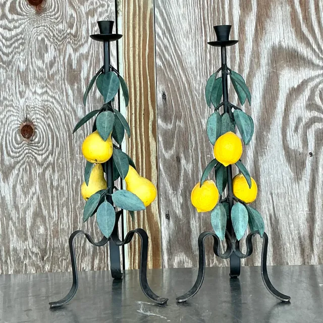 Vintage Boho Painted Metal Lemons and Pears Candlesticks - Set of 2 — additional photo 2