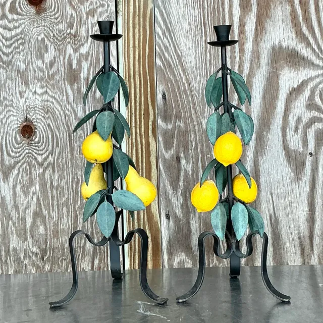 Vintage Boho Painted Metal Lemons and Pears Candlesticks - Set of 2 — additional photo 3