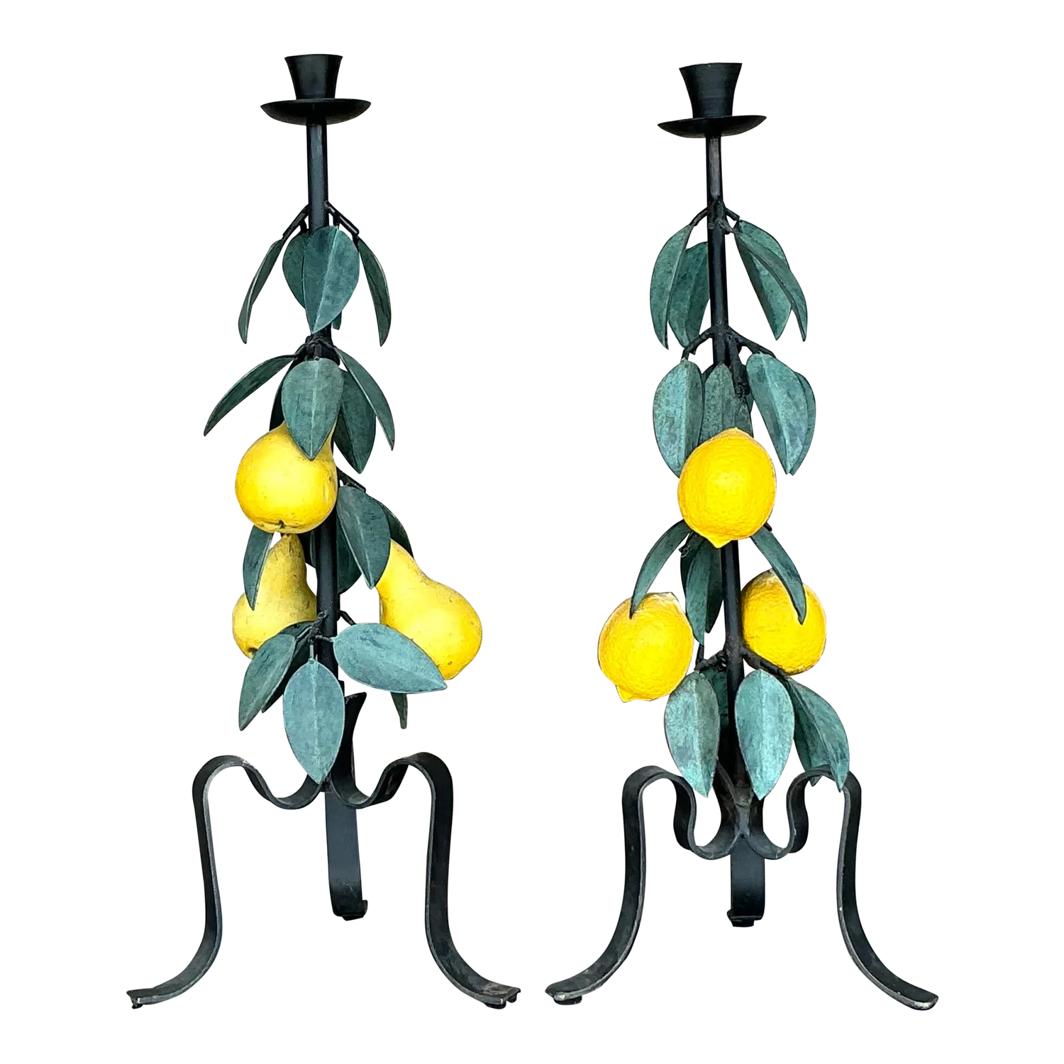 Vintage Boho Painted Metal Lemons and Pears Candlesticks - Set of 2 — additional photo 4