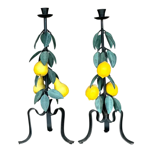 Vintage Boho Painted Metal Lemons and Pears Candlesticks - Set of 2 — additional photo 4