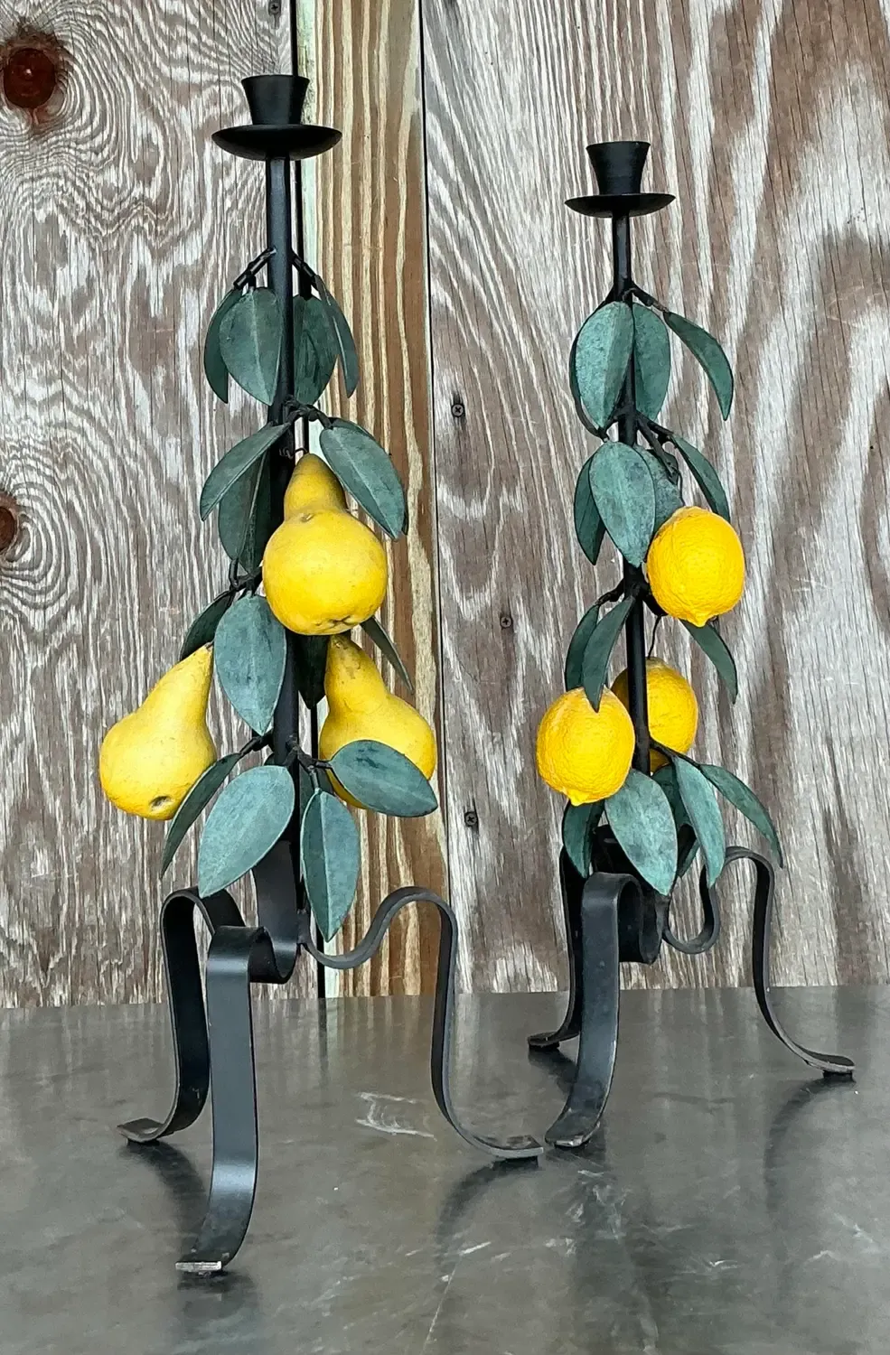 Vintage Boho Painted Metal Lemons and Pears Candlesticks - Set of 2 — additional photo 5