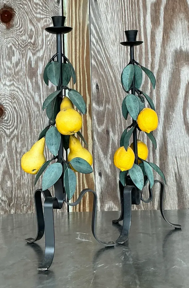 Vintage Boho Painted Metal Lemons and Pears Candlesticks - Set of 2 — additional photo 5