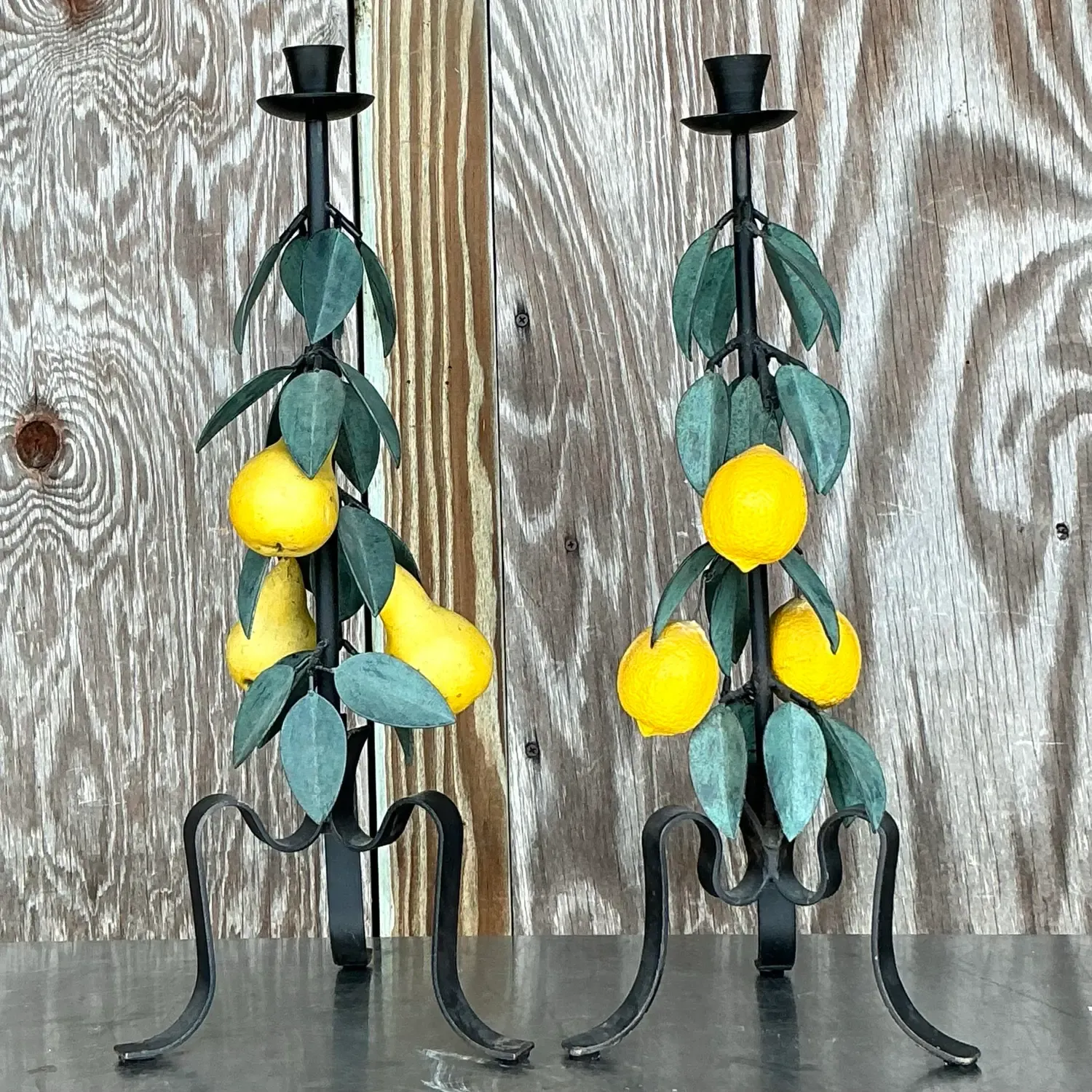 Vintage Boho Painted Metal Lemons and Pears Candlesticks - Set of 2 — additional photo 6