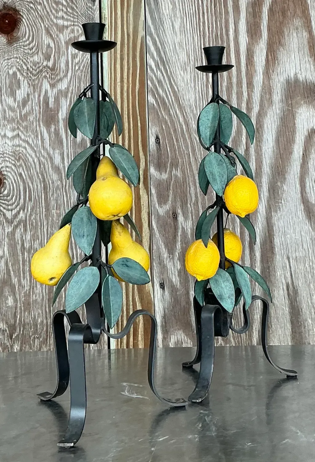Vintage Boho Painted Metal Lemons and Pears Candlesticks - Set of 2 — additional photo 7