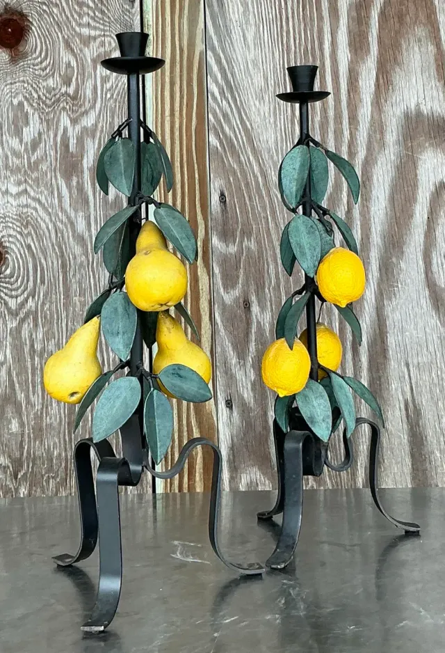 Vintage Boho Painted Metal Lemons and Pears Candlesticks - Set of 2 — additional photo 7