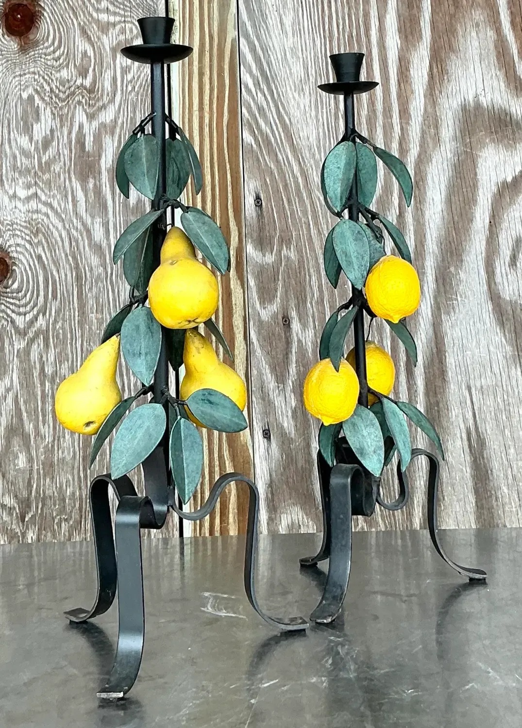 Vintage Boho Painted Metal Lemons and Pears Candlesticks - Set of 2 — additional photo 8