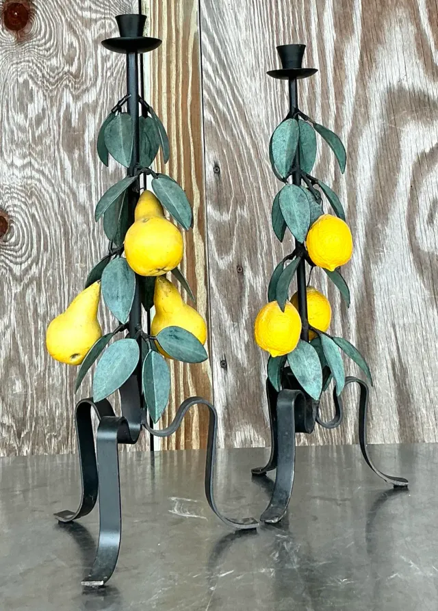 Vintage Boho Painted Metal Lemons and Pears Candlesticks - Set of 2 — additional photo 8