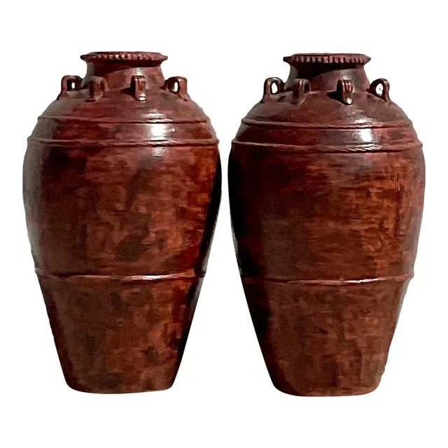 Vintage Boho Painted Terracotta Urn - a Pair — additional photo 1
