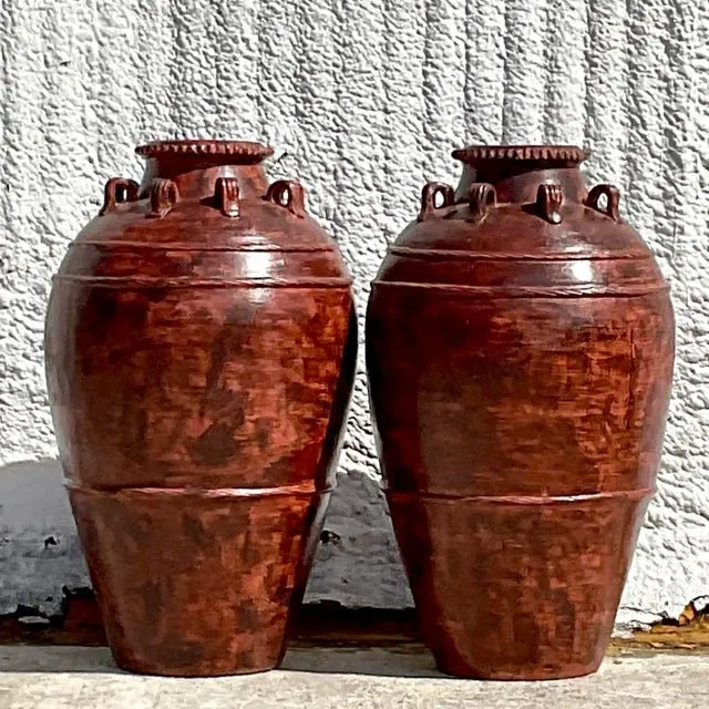Vintage Boho Painted Terracotta Urn - a Pair — additional photo 2