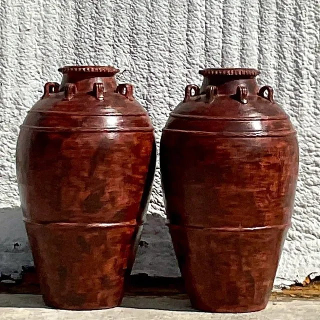 Vintage Boho Painted Terracotta Urn - a Pair — additional photo 4