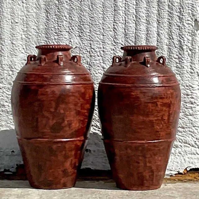 Vintage Boho Painted Terracotta Urn - a Pair — additional photo 6