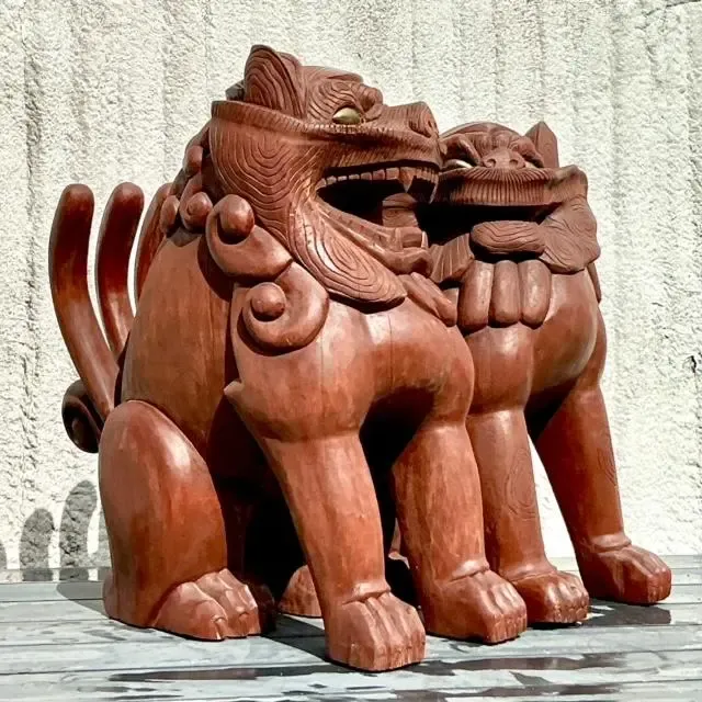 Vintage Boho Painted Wood Foo Lions - a Pair — additional photo 1