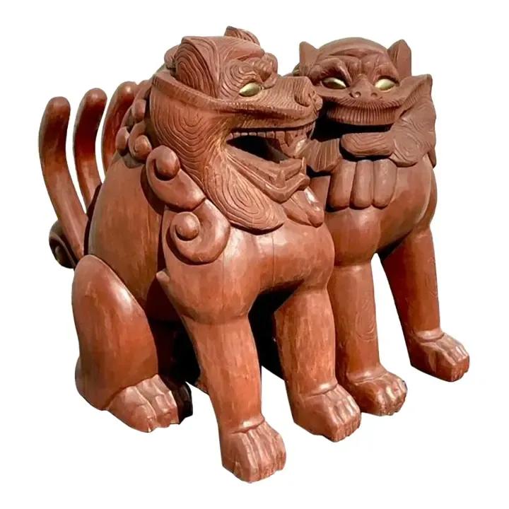 Vintage Boho Painted Wood Foo Lions - a Pair — additional photo 2