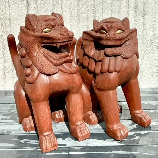 Vintage Boho Painted Wood Foo Lions - a Pair — additional photo 3