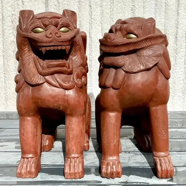 Vintage Boho Painted Wood Foo Lions - a Pair — additional photo 4