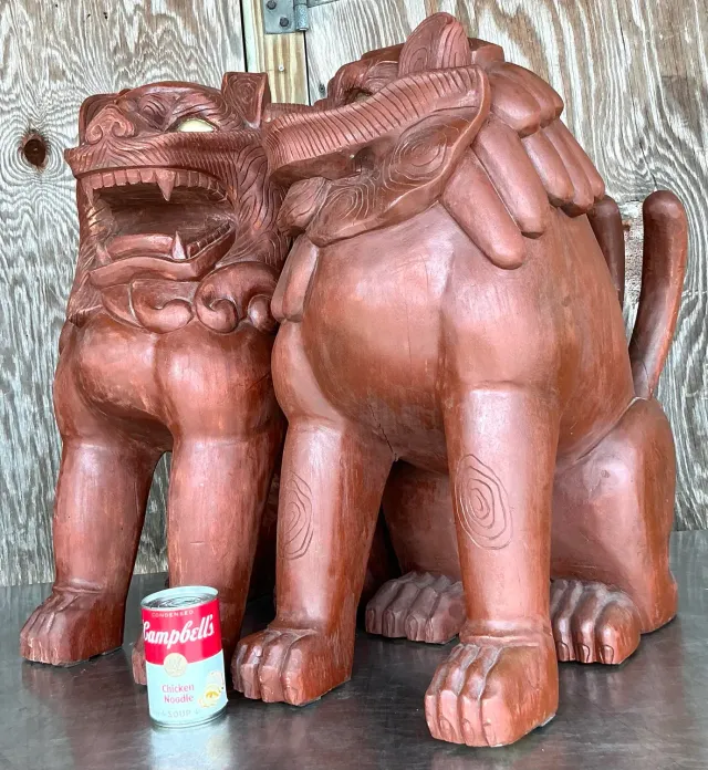 Vintage Boho Painted Wood Foo Lions - a Pair — additional photo 5