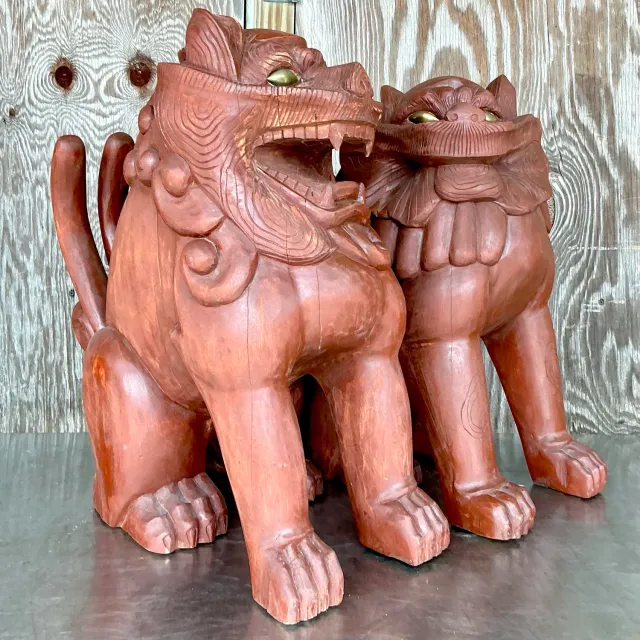 Vintage Boho Painted Wood Foo Lions - a Pair — additional photo 7