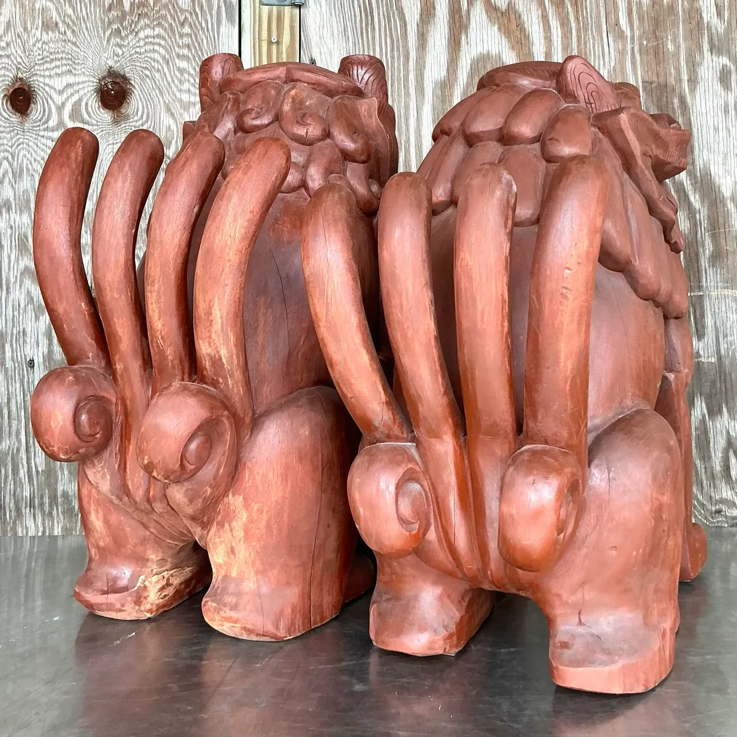 Vintage Boho Painted Wood Foo Lions - a Pair — additional photo 8