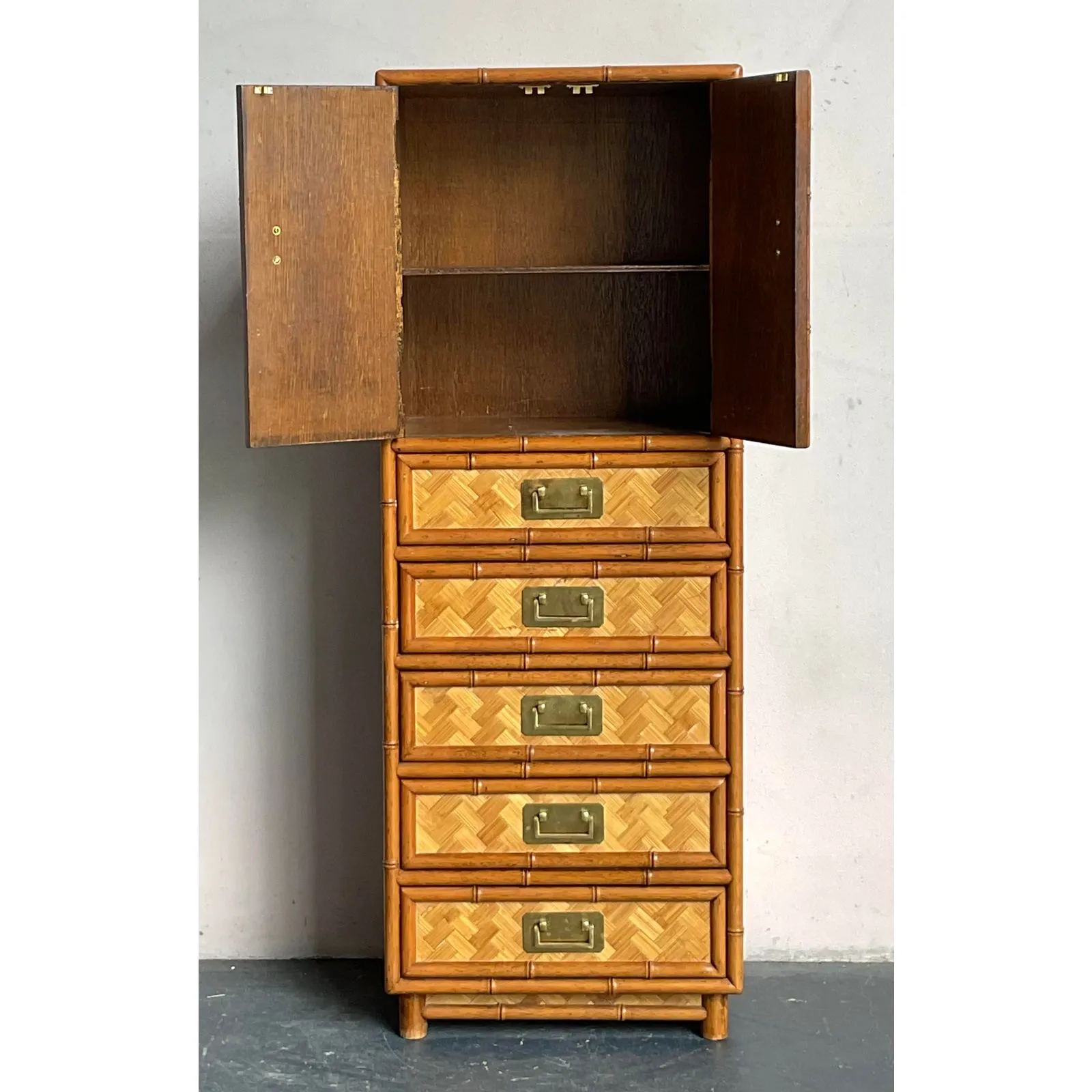 Vintage Boho Parquet Rattan Gentleman’s Chest — additional photo 1