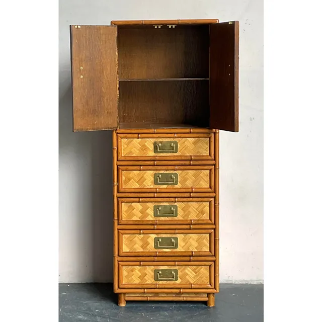 Vintage Boho Parquet Rattan Gentleman’s Chest — additional photo 1