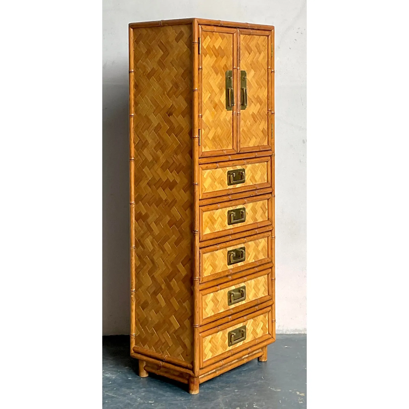 Vintage Boho Parquet Rattan Gentleman’s Chest — additional photo 2