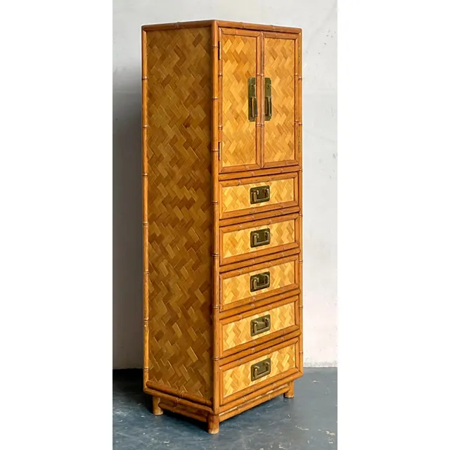 Vintage Boho Parquet Rattan Gentleman’s Chest — additional photo 2