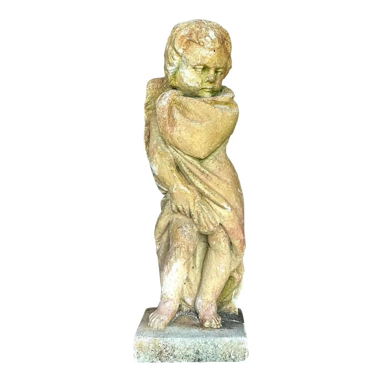 Vintage Boho Patinated Cast Concrete Putti Angel Statue — additional photo 1
