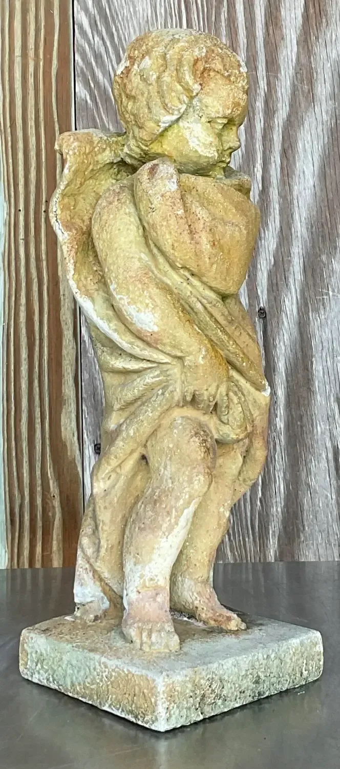 Vintage Boho Patinated Cast Concrete Putti Angel Statue — additional photo 2