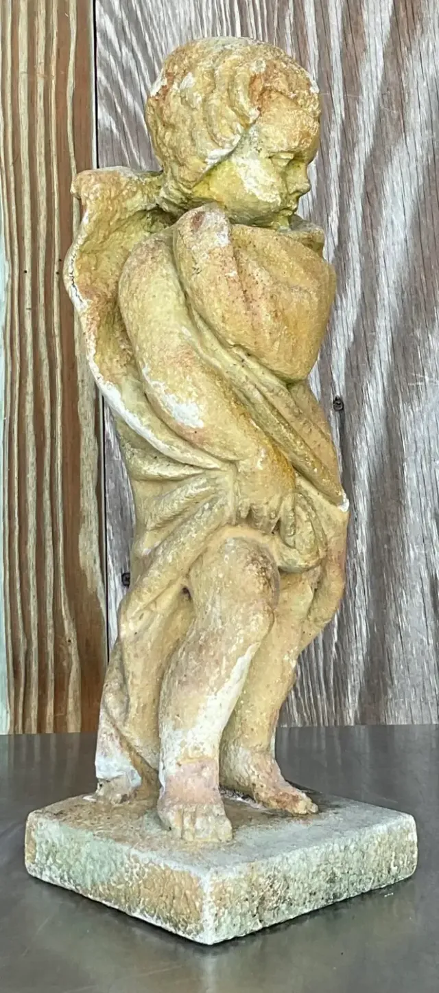 Vintage Boho Patinated Cast Concrete Putti Angel Statue — additional photo 2