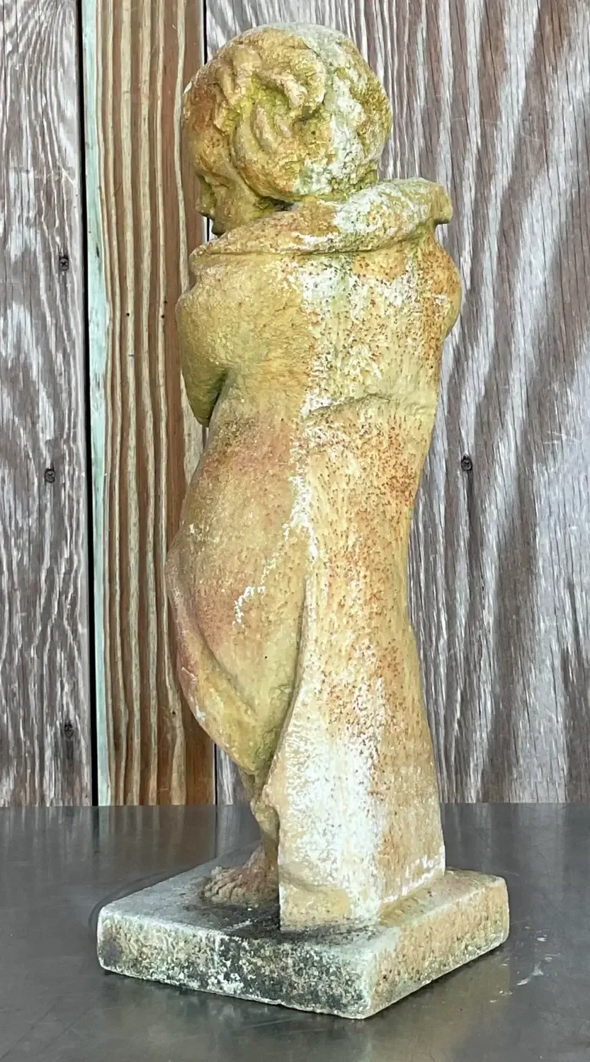 Vintage Boho Patinated Cast Concrete Putti Angel Statue — additional photo 3