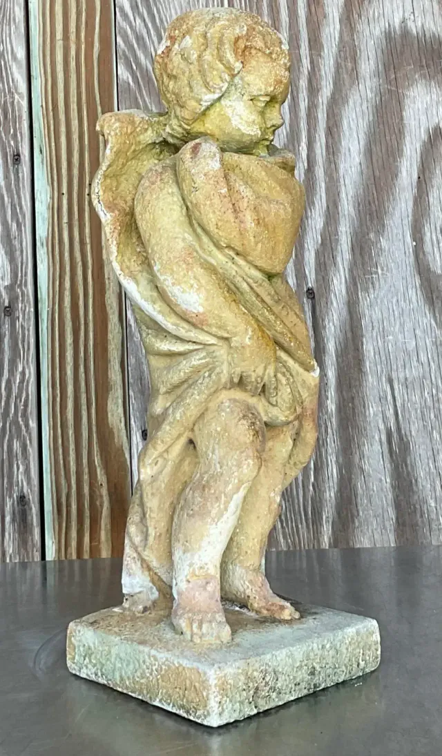 Vintage Boho Patinated Cast Concrete Putti Angel Statue — additional photo 4