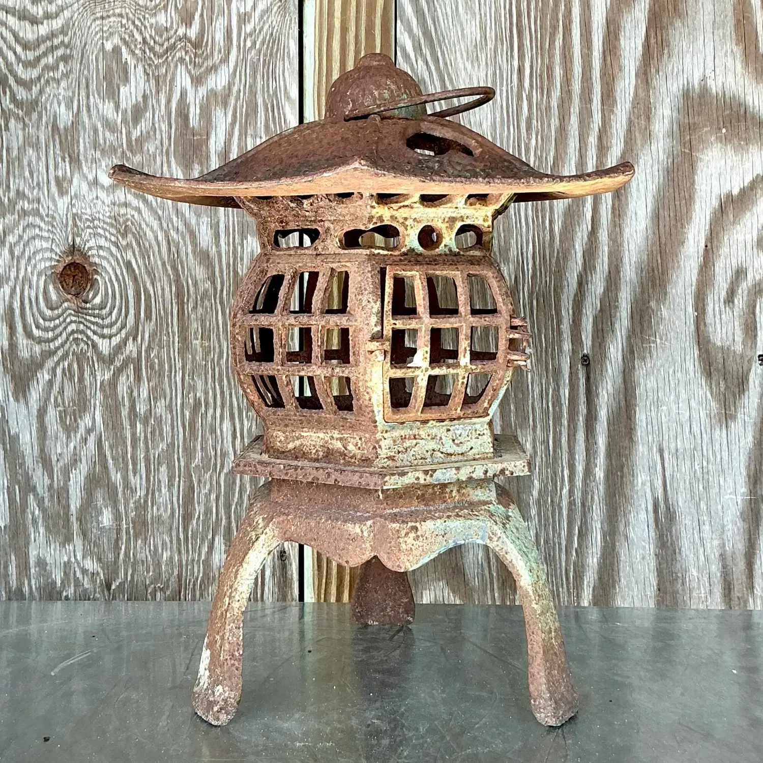 Vintage Boho Patinated Cast Iron Pagoda Lantern — additional photo 3